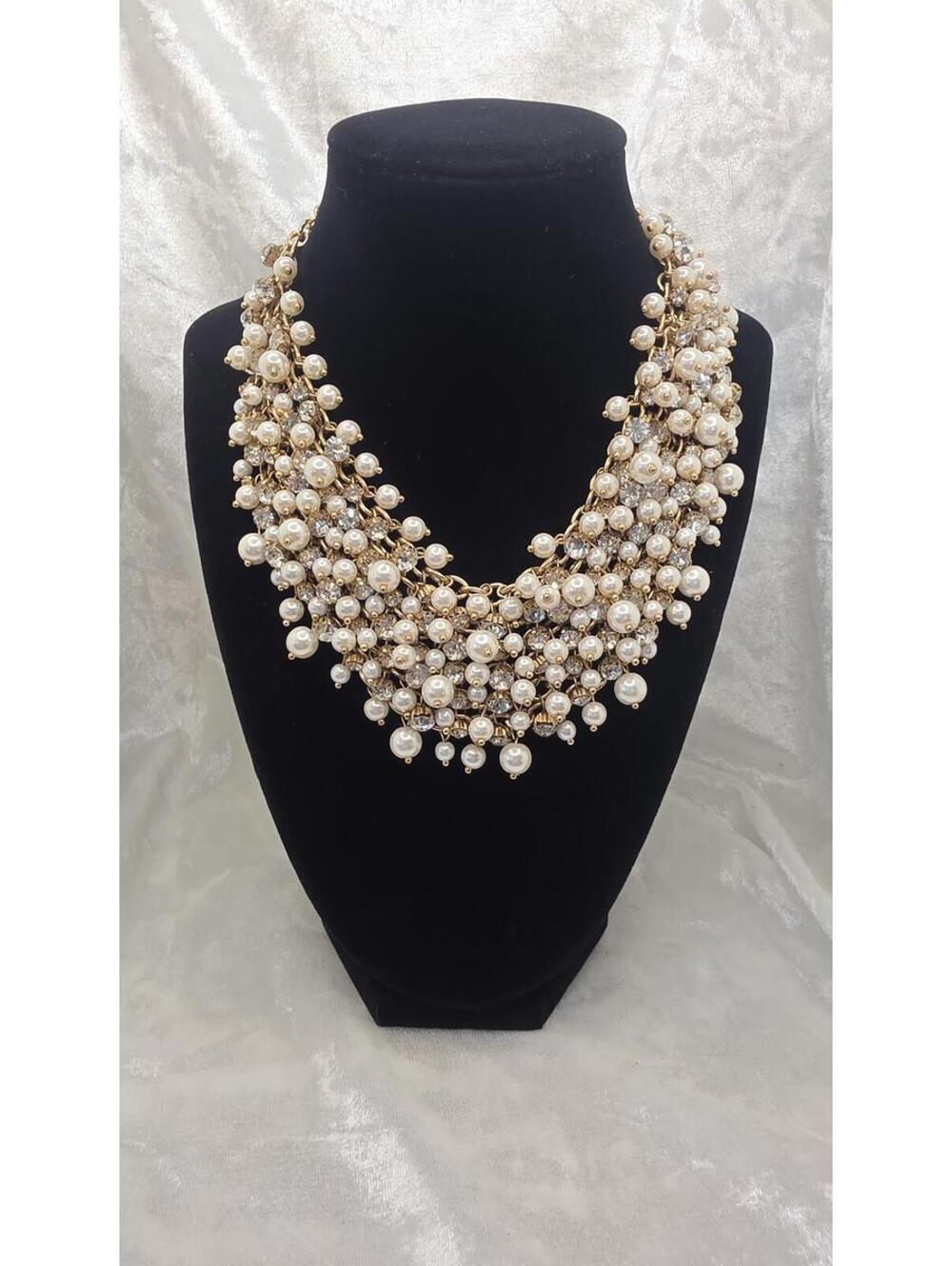 Natasha Pearl Statement Necklace Adjustable 15–21” Layered Faux Pearl Crystal